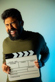 Bearded man posing with a clapperboard in a studio, showcasing filmmaking elements.