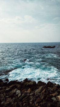 Vast ocean with rocky shore and calm waves under a cloudy sky.