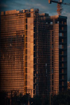 Tall building under construction with scaffolding and crane at sunset, showcasing modern urban development.