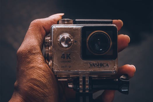 Hand holding a compact 4K action camera in a close-up dark moody setting.