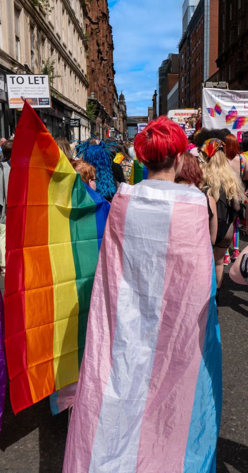 Free Colorful LGBTQ+ pride parade with rainbow and transgender flags displayed in the street. Stock Photo