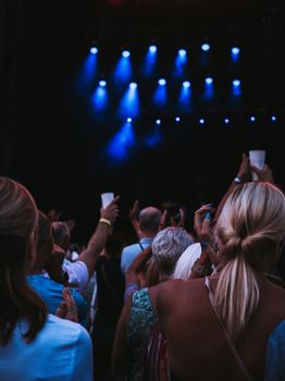 Vibrant night concert atmosphere with a crowd enjoying live music under bright stage lights.