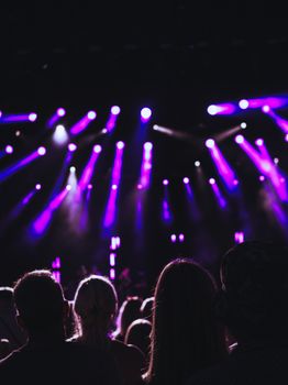 Silhouettes of a concert crowd enjoying vibrant stage lighting in a nightclub setting.