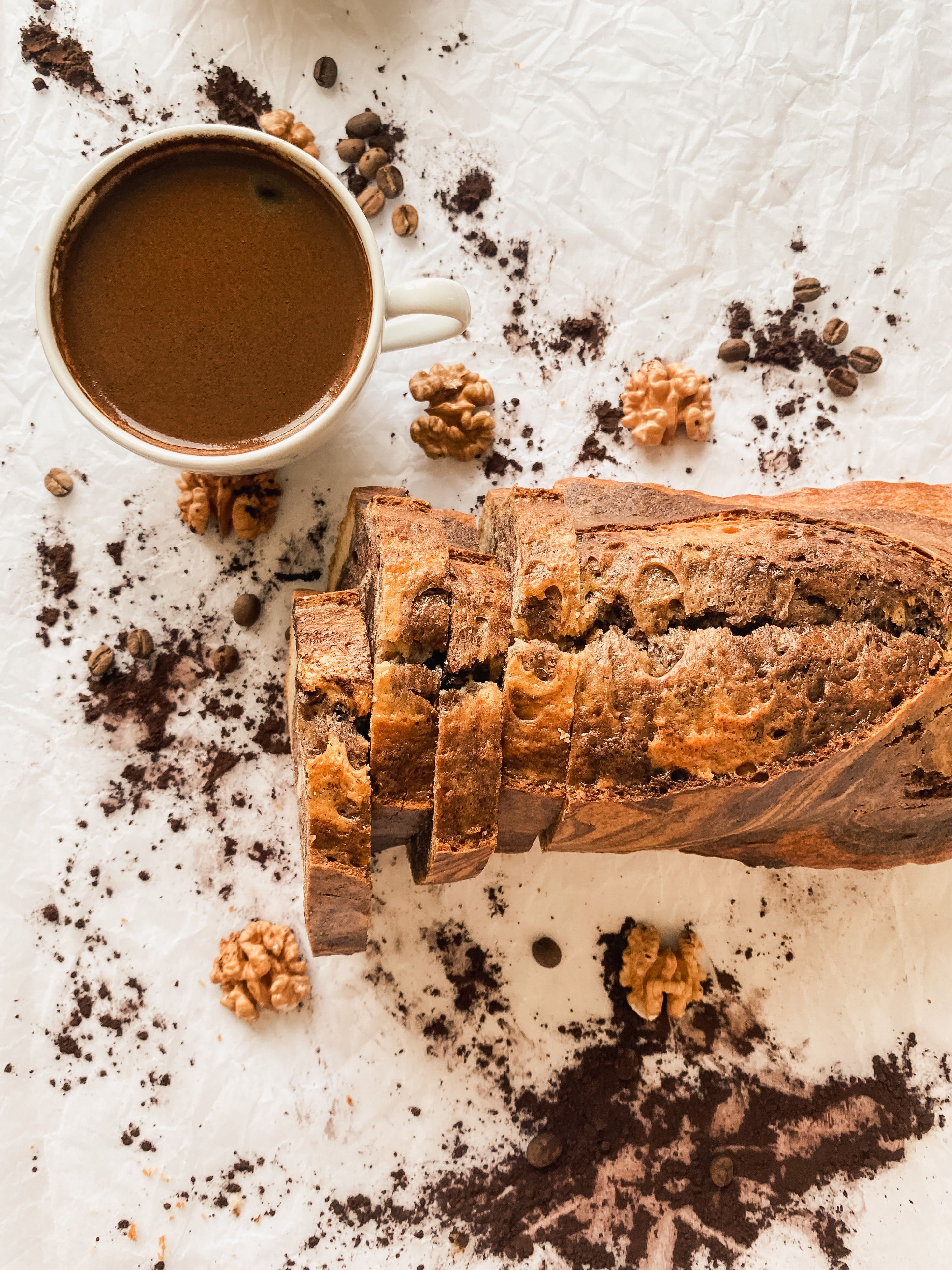 a cake and a coffee on a table