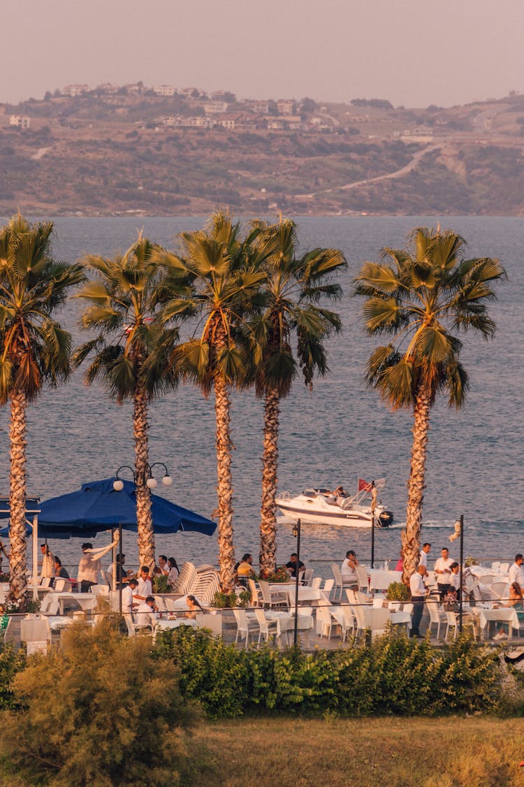 People Eating On Restaurant Near Body Of Water