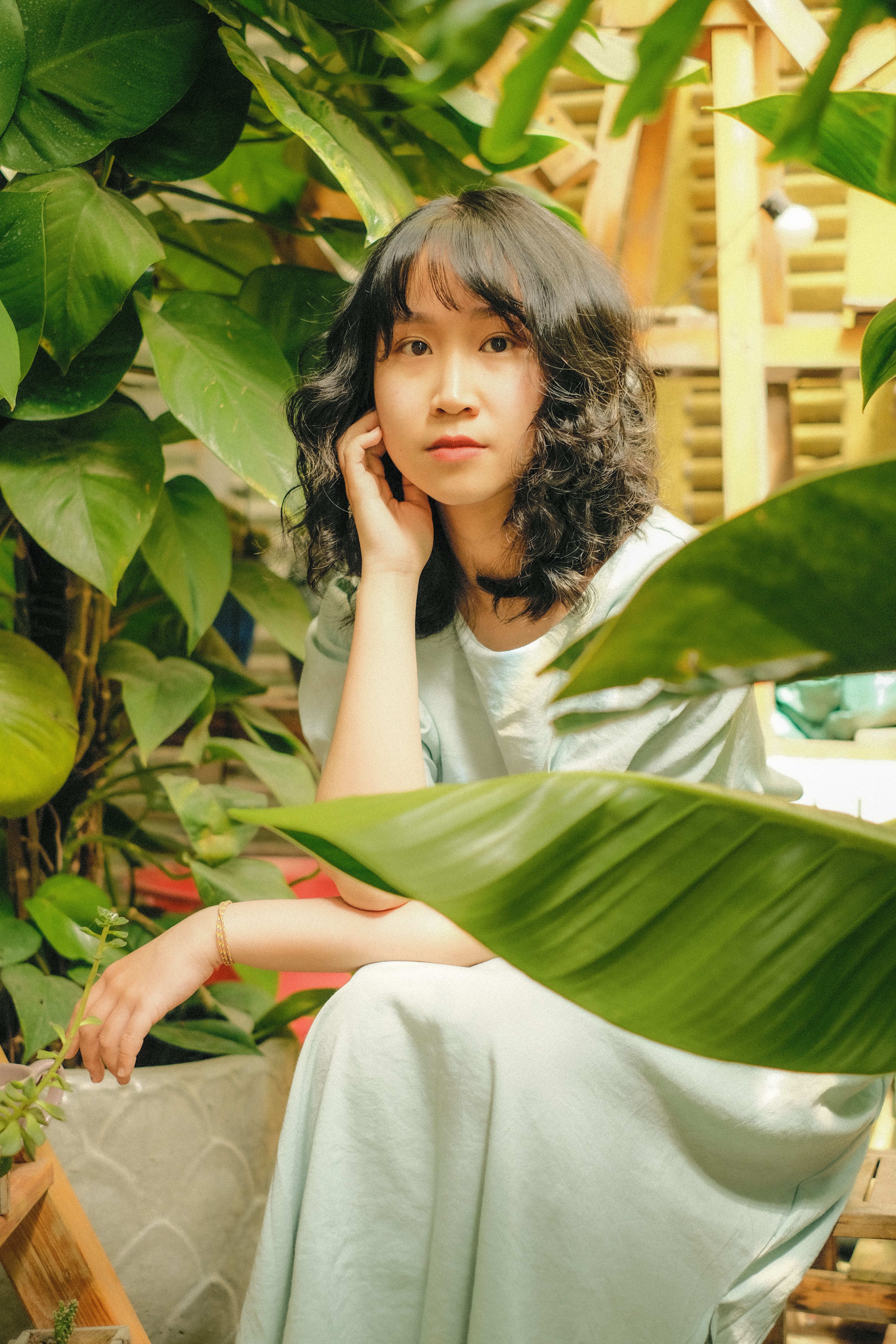 Elegant portrait of an Asian woman sitting among lush green leaves in an outdoor garden.