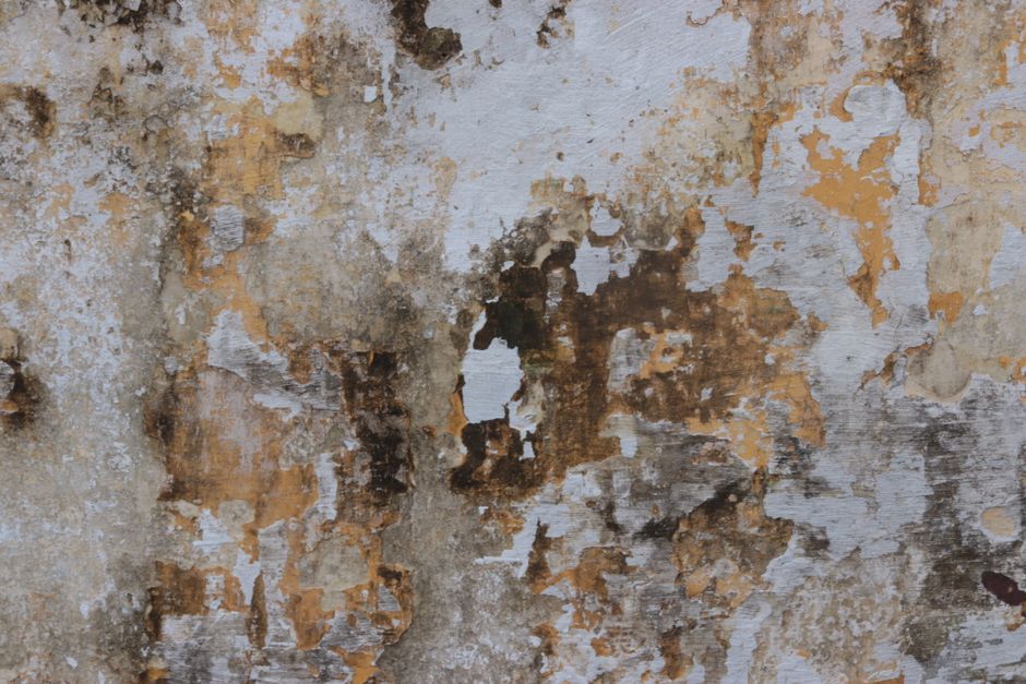 Close-up of a textured, weathered stone wall with peeling paint and stains.