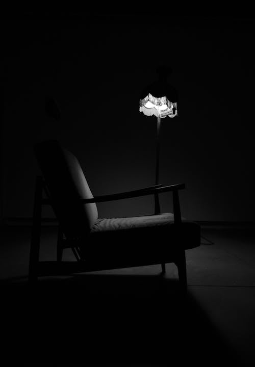 Grayscale Photo of a Floor Lamp beside an Armchair