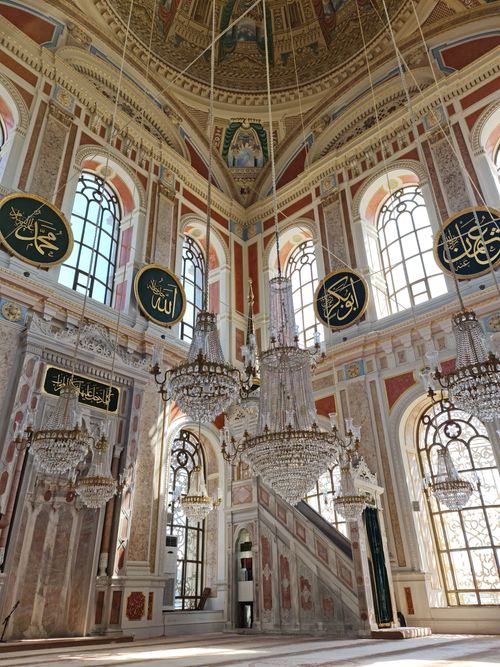 Free A captivating view of the intricate interior of Ortaköy Mosque in Istanbul, featuring grand chandeliers. Stock Photo