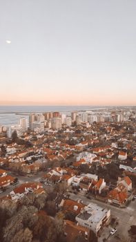 Stunning aerial view of Mar del Plata cityscape with the coastline at sunset in Argentina.