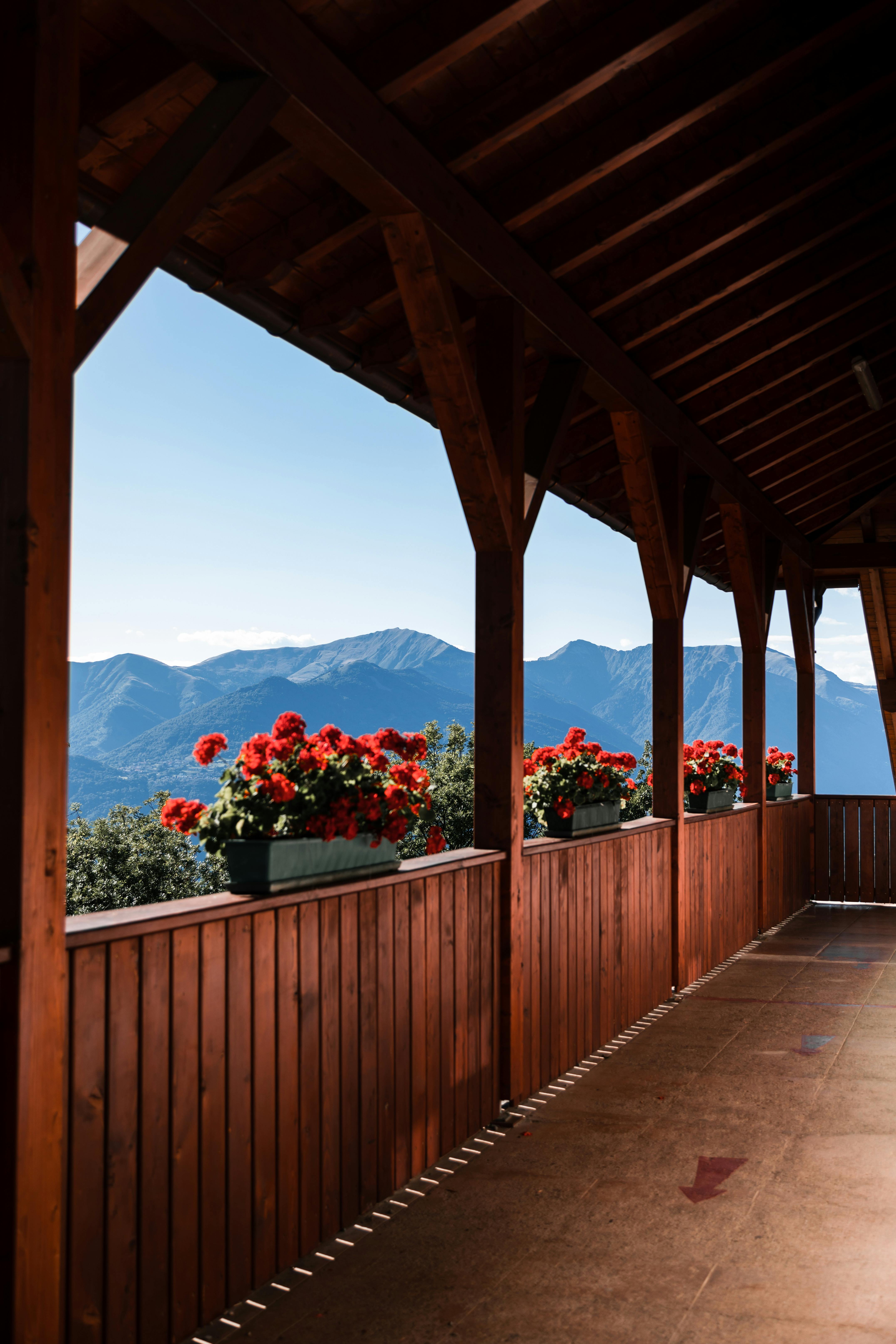 A picturesque wooden gazebo with red flowers and stunning mountain views in Lugano, Switzerland.