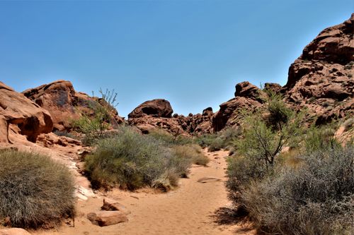 Free Vibrant desert scene showcasing unique rock formations and clear blue sky. Stock Photo