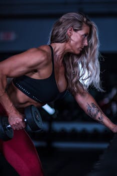 Muscular woman in gym lifting dumbbells showcasing strength and endurance.