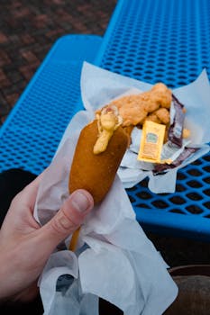 Close-up of a hand holding a corn dog with fried snacks on a blue bench, showcasing a tasty treat.