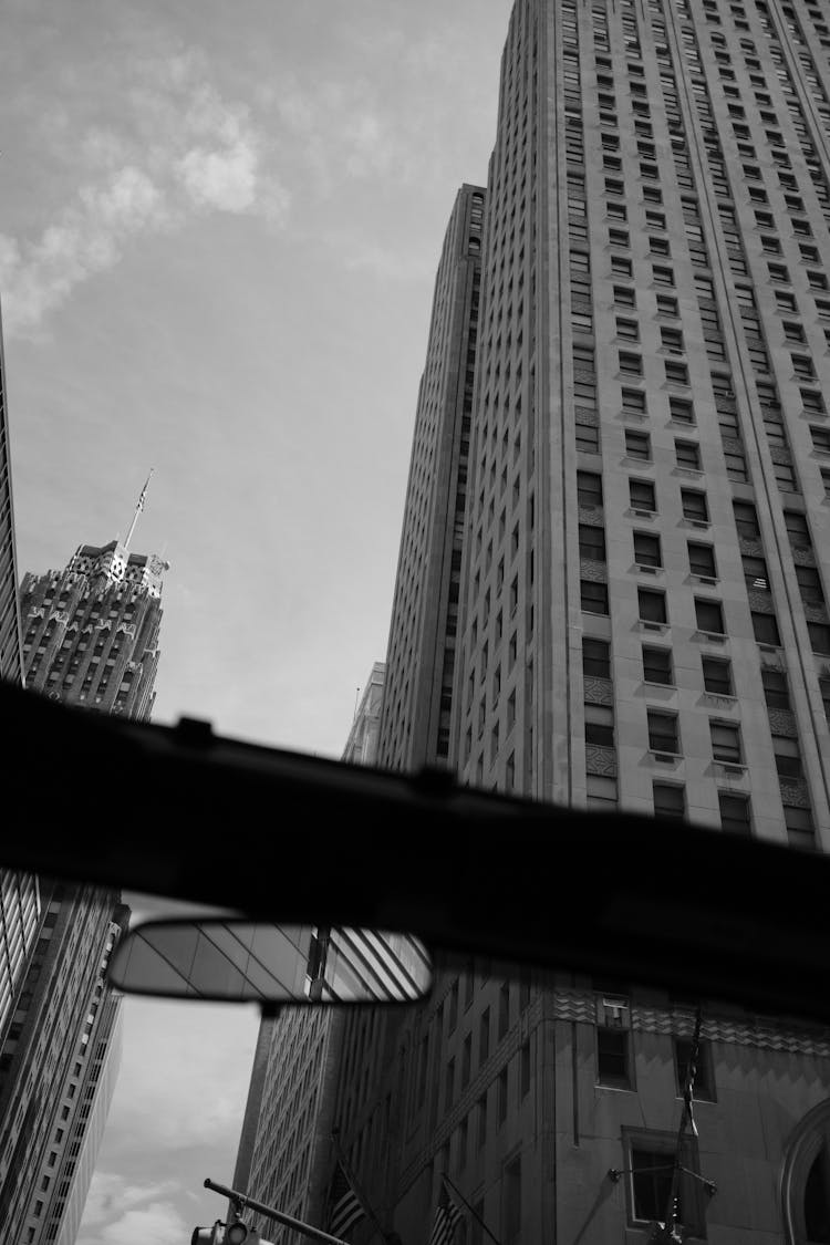 View From Car Window On City Skyscraper