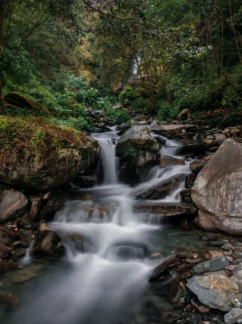 Free Tranquil waterfall surrounded by lush greenery in Ghandruk, a picturesque village in Nepal's Annapurna region. Stock Photo