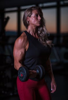 Woman lifting a dumbbell in gym setting, showcasing strength and fitness focus.