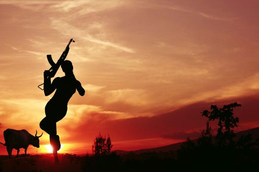Silhouette of a Person Holding a Gun During Sunset