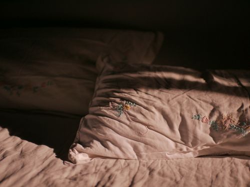 Free A serene setting of an embroidered pillow on a bed, captured in soft ambient light, creating a cozy atmosphere. Stock Photo