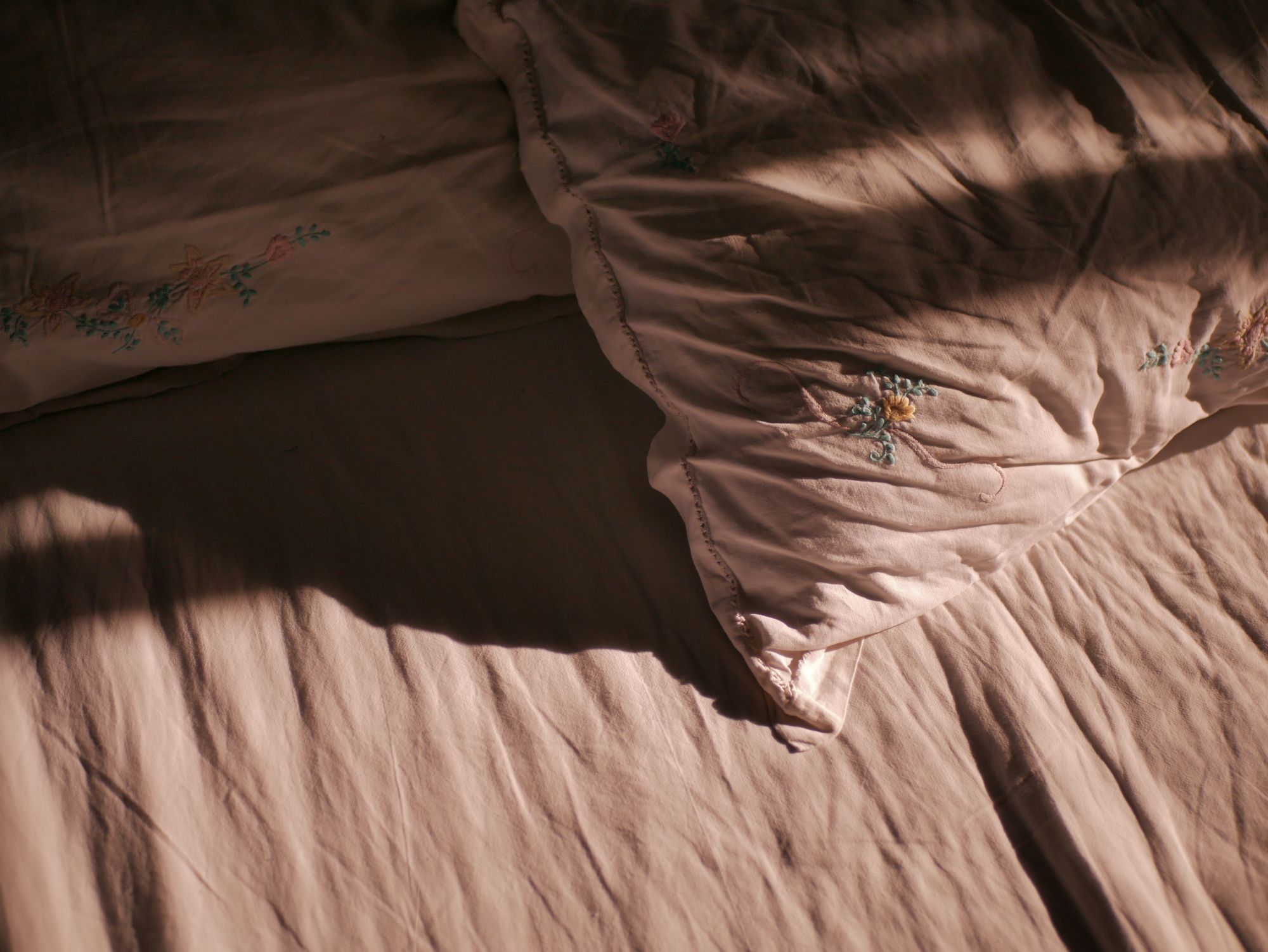 Soft light falling across rose-colored bedding on a made bed