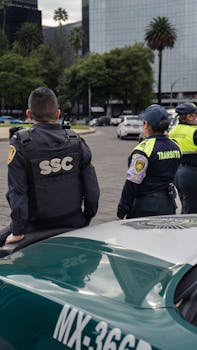 Back view of police officers standing near patrol car in urban area with high-rise buildings.