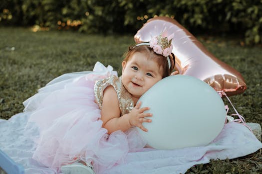 Cute baby girl celebrating her first birthday in a pink dress with balloons outdoors.
