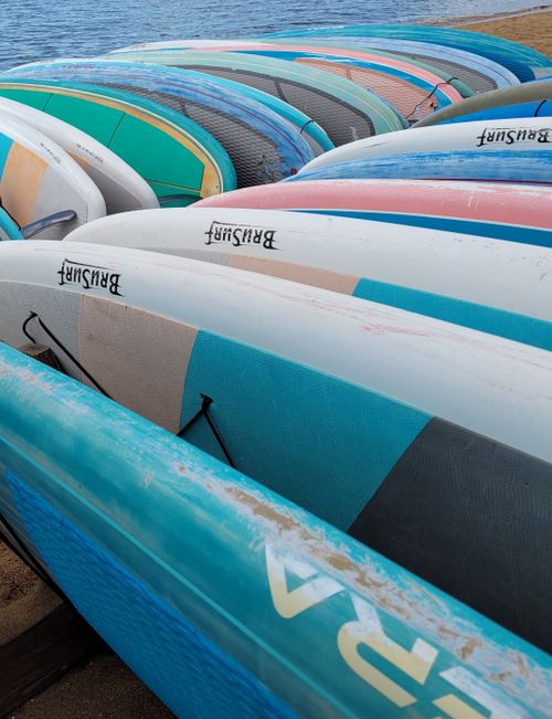 Free Vibrant surfboards neatly arranged on the beach, ready for water sports enthusiasts. Stock Photo