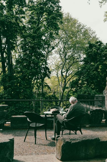 Elderly man relaxing and reading in a serene İstanbul park setting.