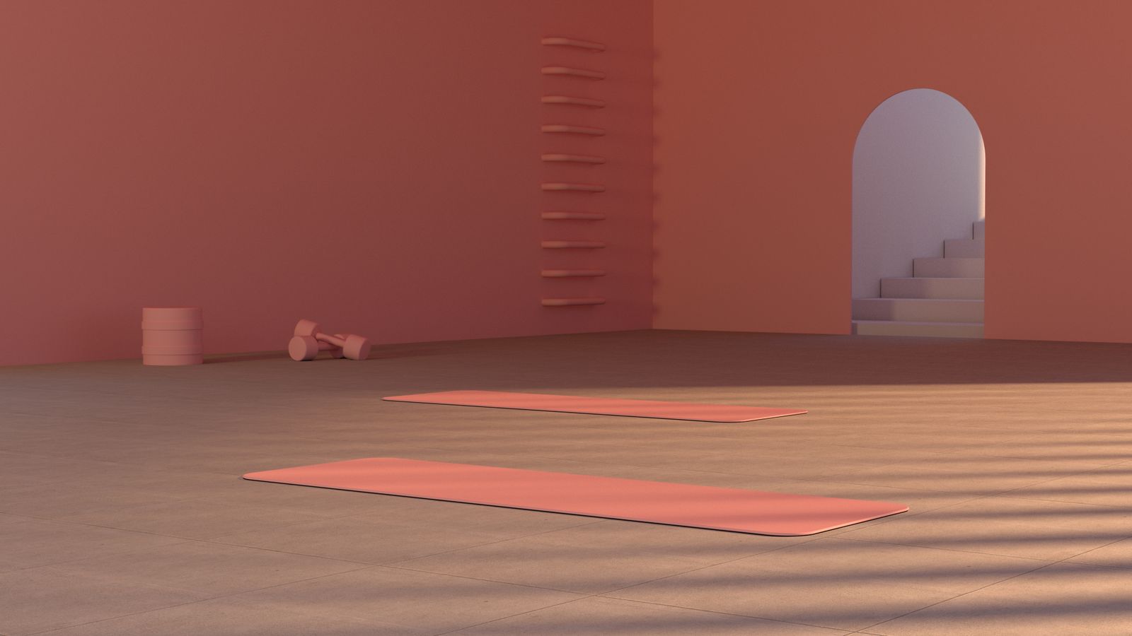 Minimalist, uncluttered yoga studio with mats neatly arranged, reflecting the principle of saucha