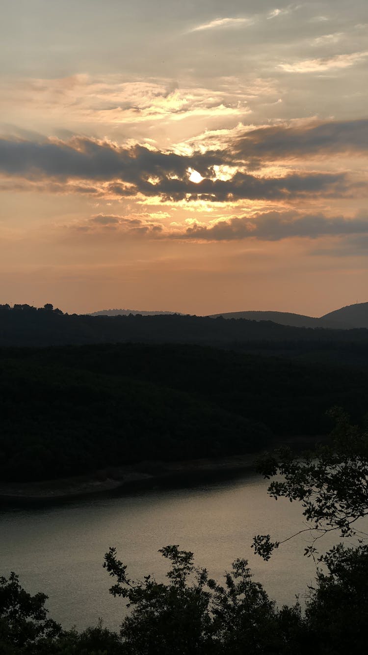 River And Hills At Sunset 