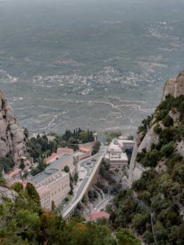 A stunning aerial shot of Montserrat Monastery nestled in the Catalonian mountains.