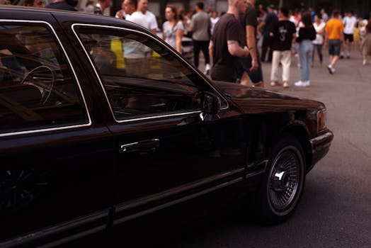 Classic black car parked on a busy street in Minsk with people in the background.
