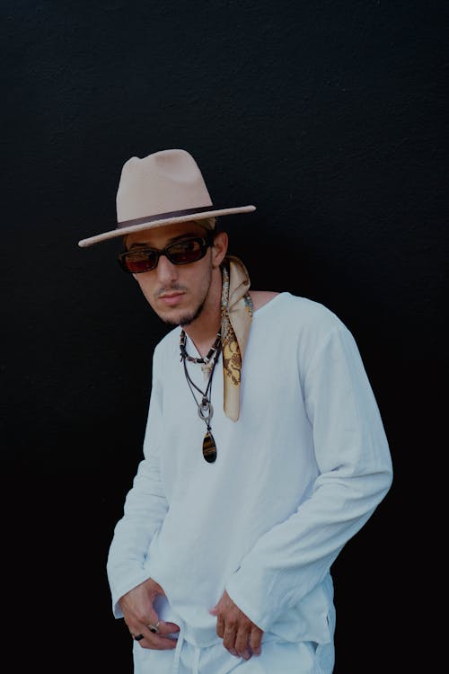 Man in White Long Sleeve Shirt and a Fedora Hat