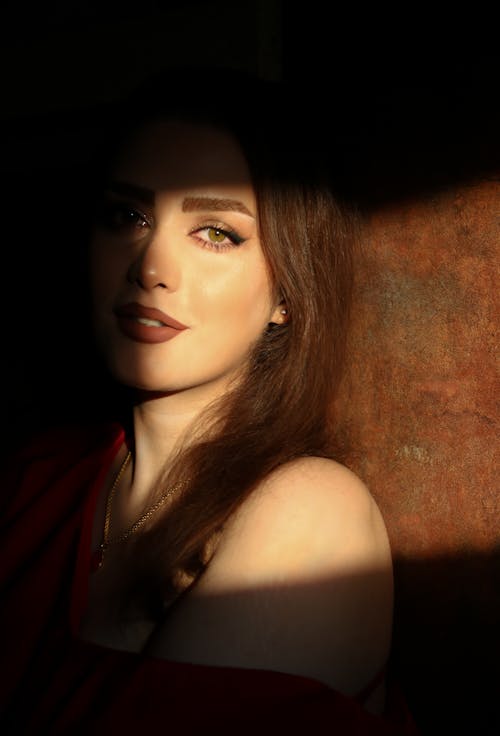 Portrait of a Beautiful Woman in a Dark Room