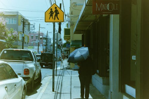 Person Holding Umbrella Walking on the Sidewalk