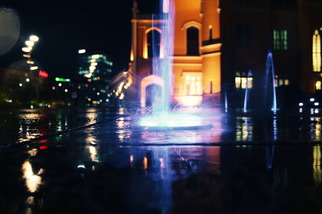 Lighted Water Fountain at Night