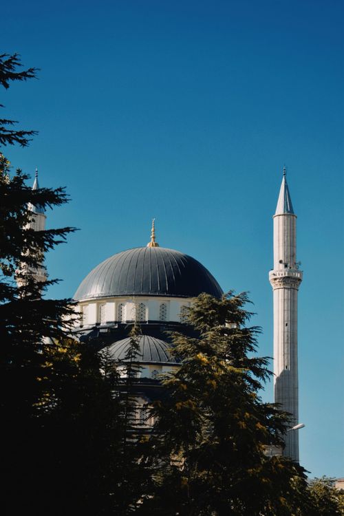 Free A stunning view of a mosque with a minaret under a clear blue sky, surrounded by trees. Stock Photo