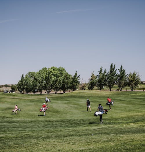 Persone Che Camminano Sul Campo Di Erba Verde Che Trasportano Sacche Da Golf