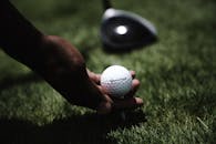 这是一张特写图像，一只手在草地上握着高尔夫球，强调了高尔夫运动