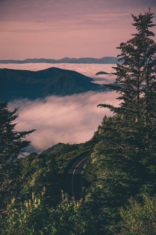 Aerial View of a Road in Mountains Above the Clouds 