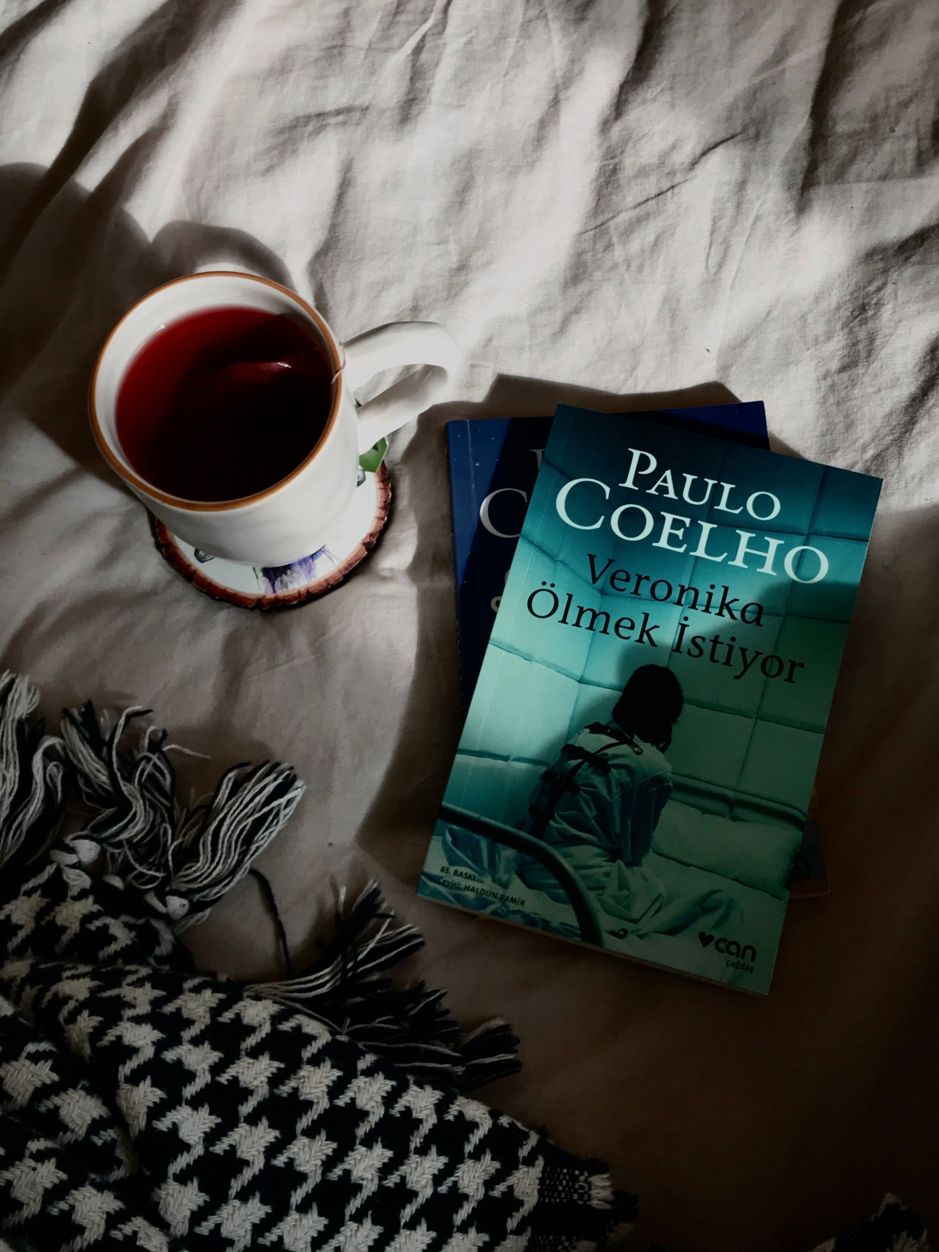 Relaxing setting featuring a cozy book, warm tea, and blanket.