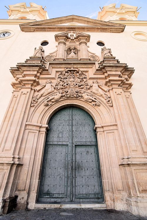 Free Low angle view of the ornate entrance of La Fuensanta Sanctuary in Murcia, Spain. Stock Photo