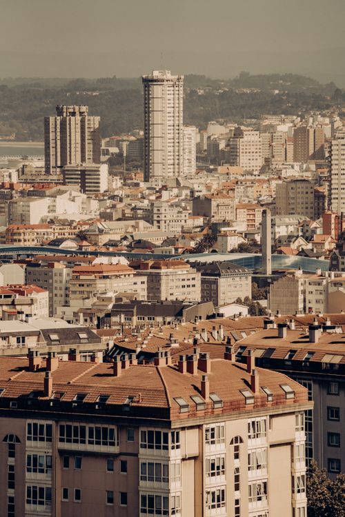 Free Aerial view of dense urban cityscape in San Pedro, Galicia, Spain, showcasing modern architecture. Stock Photo