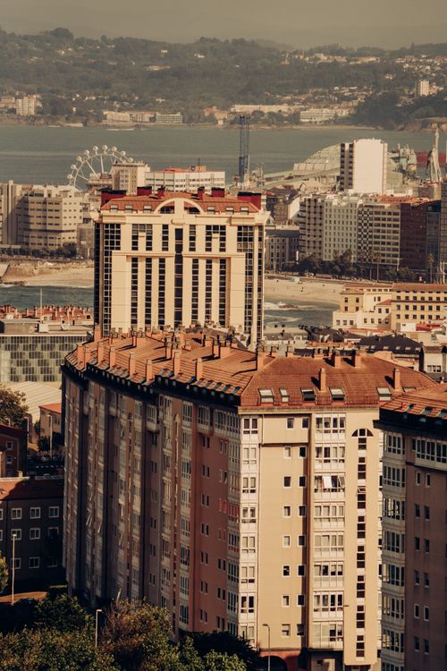 Free Aerial view of San Pedro cityscape with high-rise buildings and waterfront. Stock Photo