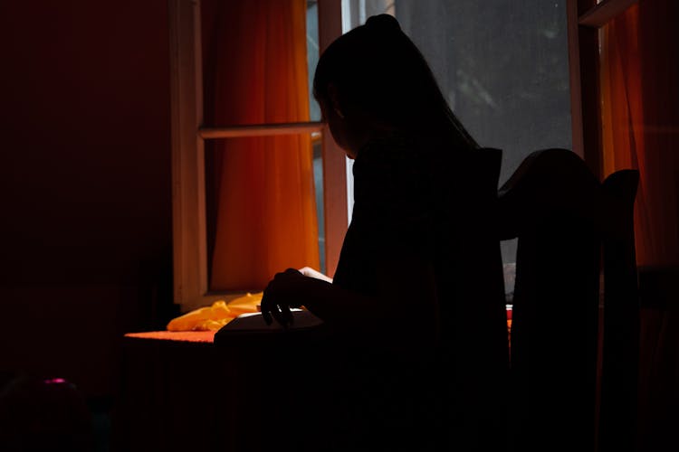 Silhouette Of A Woman Sitting At A Table In The Evening 