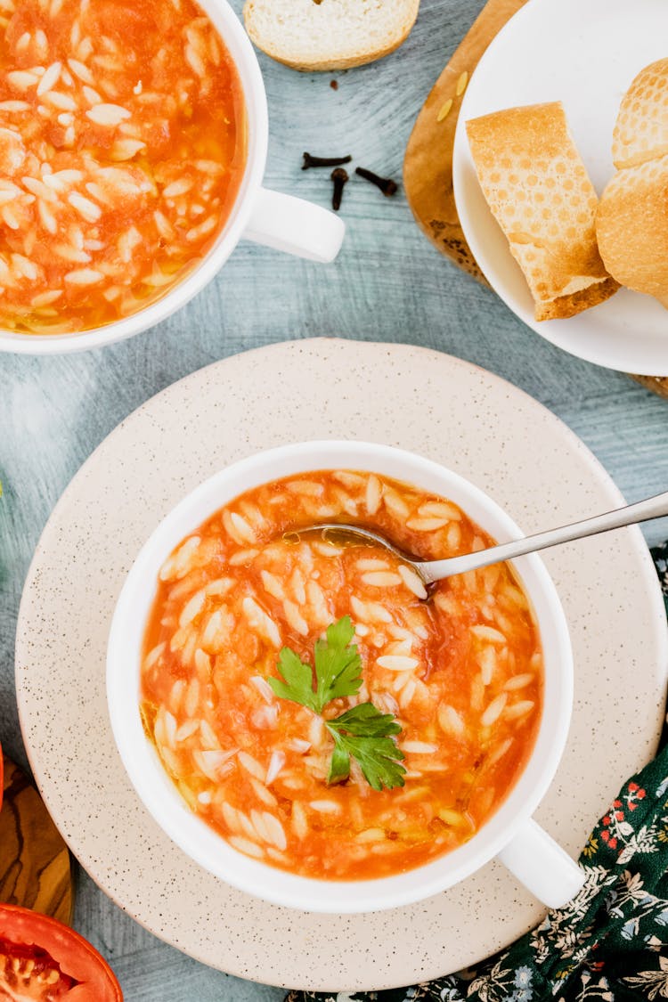 Orzo Soup Pasta Served In White Bowl