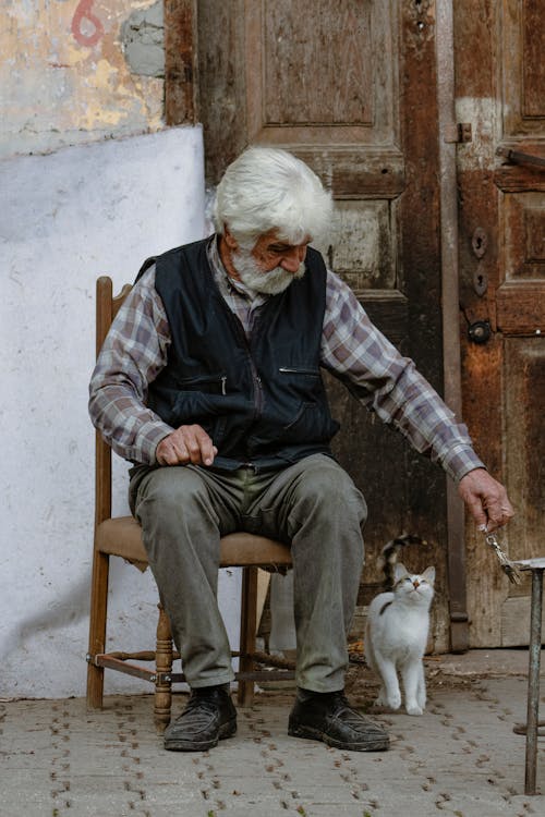 Man Sitting on Chair with Cat near