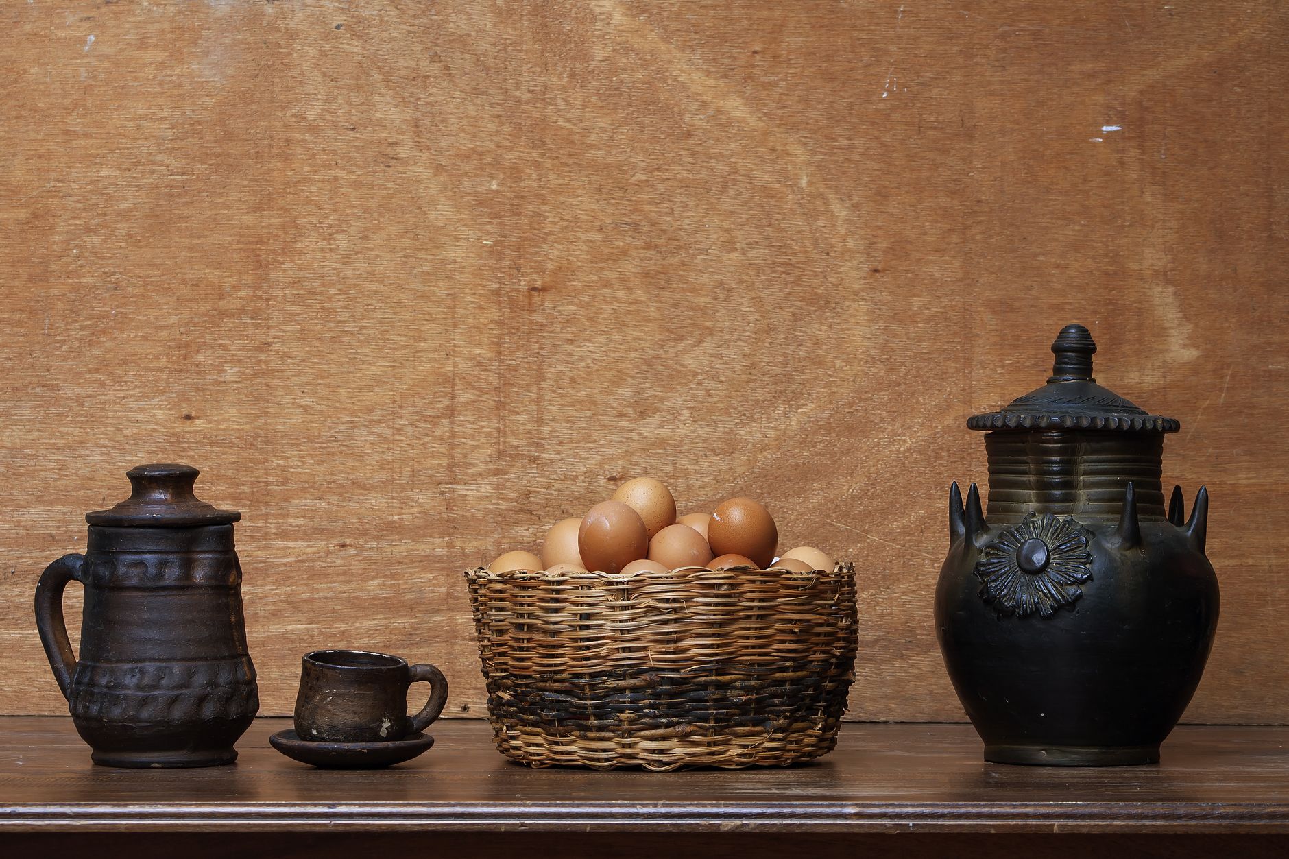 Close-up of vintage woven old school basket used in rustic kitchen
