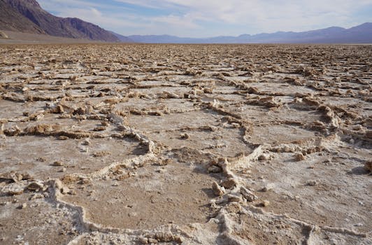 Expansive salt flats and rugged landscape in Death Valley National Park, California.