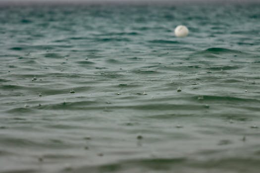 Close-up of raindrops hitting the sea surface in Alghero, Sardinia, creating a serene natural scene.